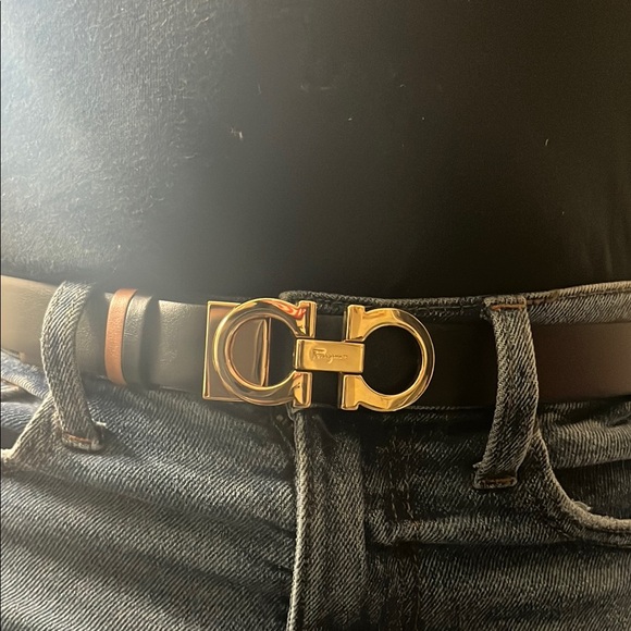Ferragamo Black Leather Belt with Gold Buckle